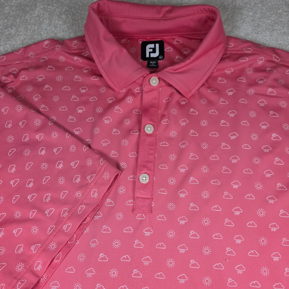 FootJoy Polo Shirt Mens XL Pink Weather Sun Cloud Rain Print Golf Performance